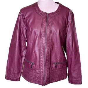 Women’s Burgundy Moto Jacket Zip Front Collarless Quilted Trim Zip Pockets Sz PL
